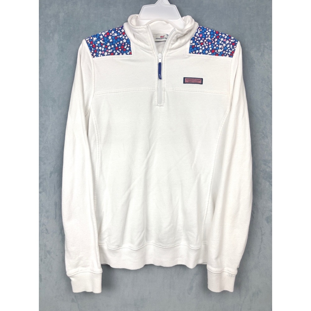 Vineyard Vines Womens White Patriotic Star Whale Print Quarter Zip Pullover M